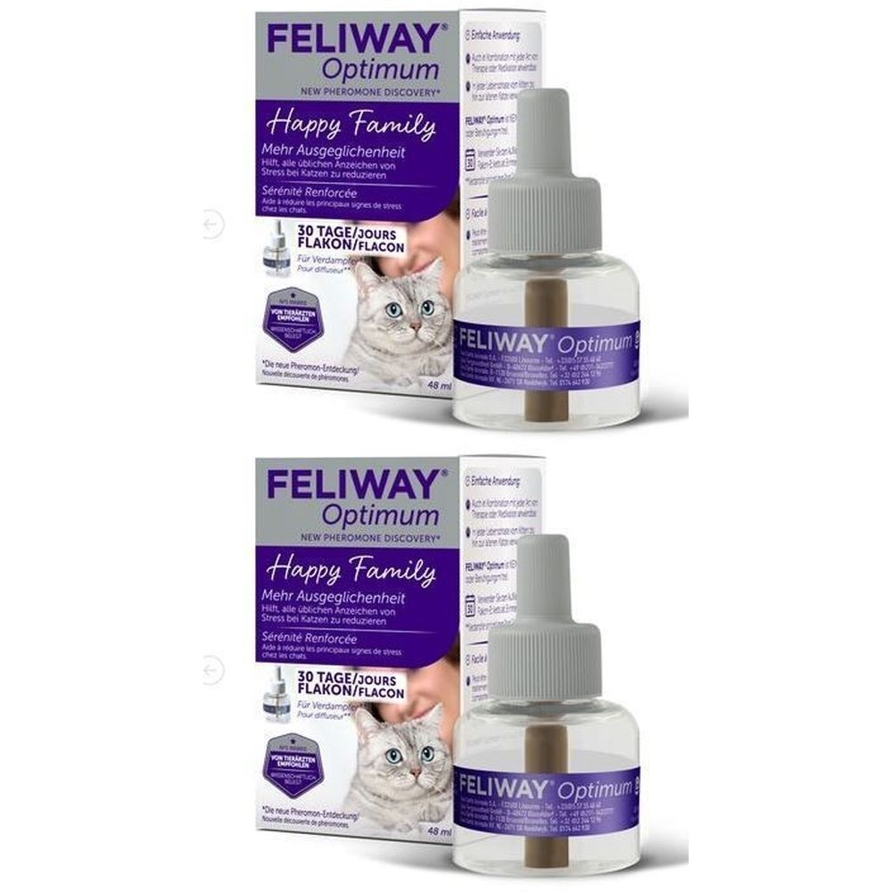Zwei Flakons mit Aufsatz und Karton. Auf dem Karton steht FELIWAY Optimum, Happy Family. 30 Tage.