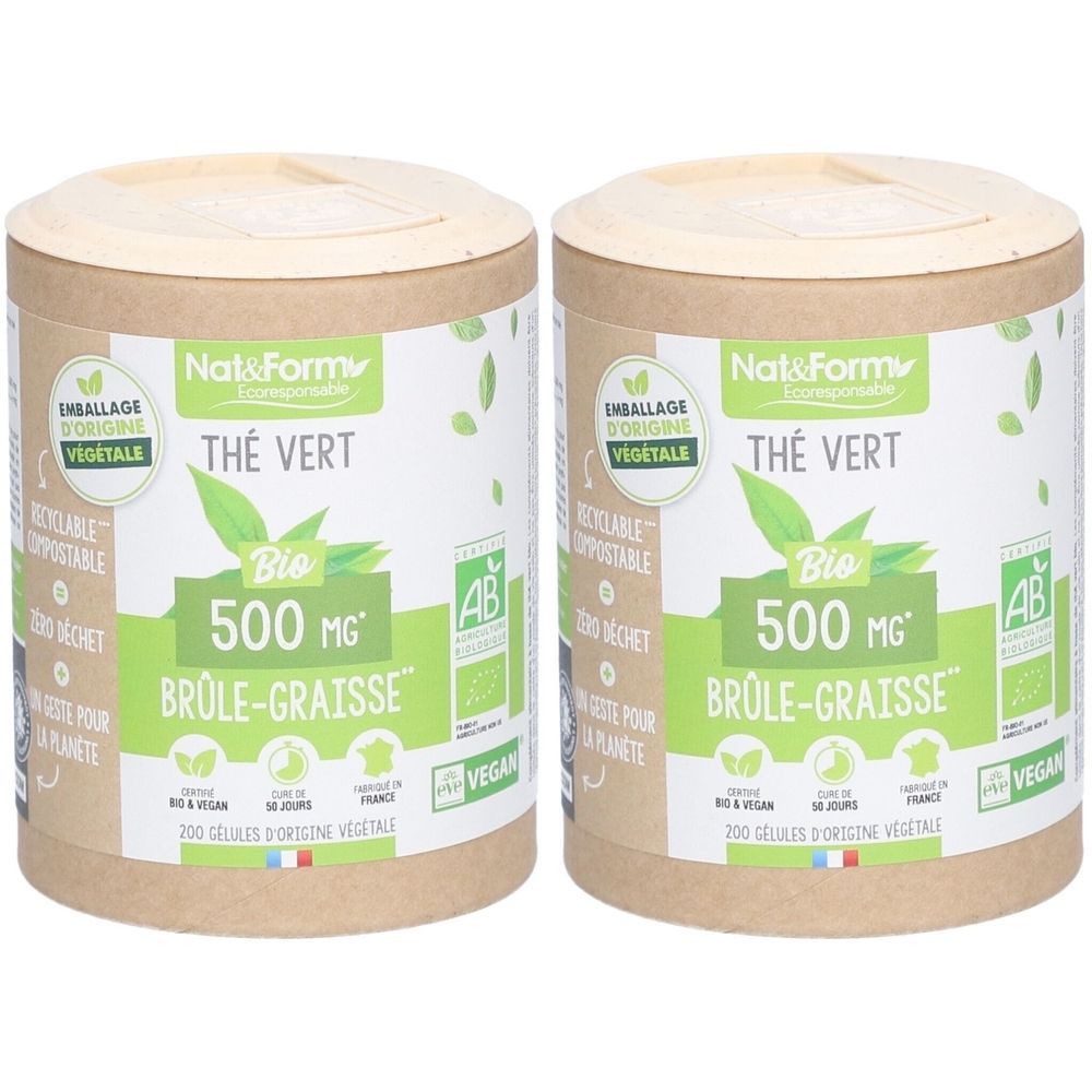 Zwei zylindrische Behälter mit grünem Etikett. Aufschrift: Thé Vert, Bio, 500 mg, Brûle-Graisse. AB- und Vegan-Siegel.