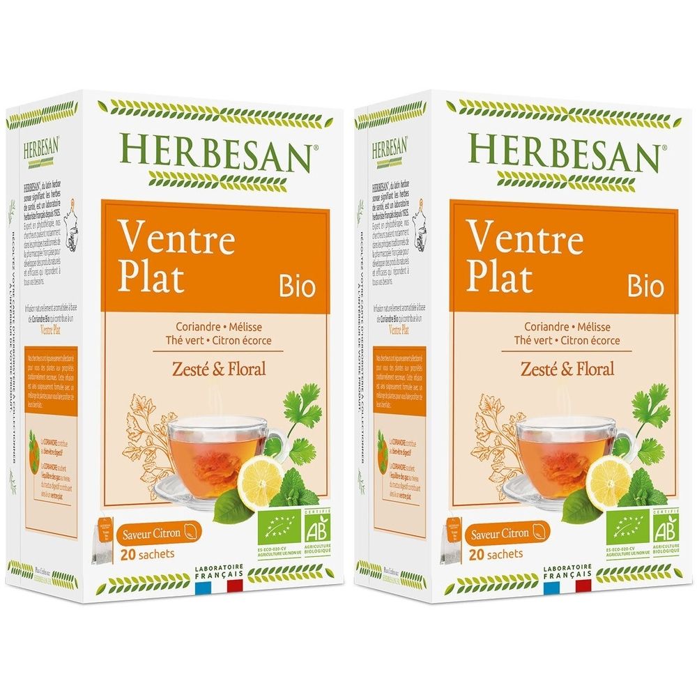 Zwei Kartons HERBESAN Ventre Plat Bio. Aufdruck: Coriandre, Mélisse, Thé vert, Citron écorce, Zesté & Floral. 20 Sachets. Bio-Siegel.