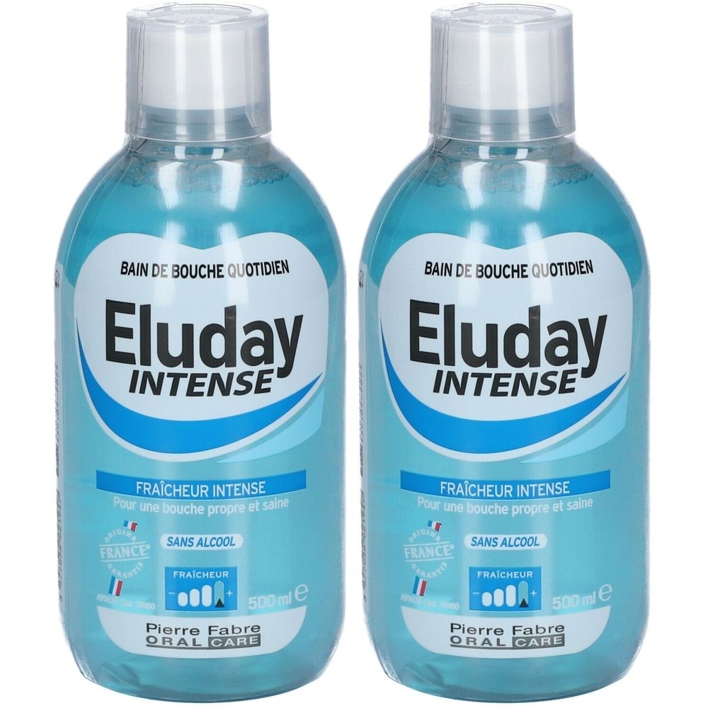 Zwei Flaschen Mundspülung. Aufschrift: Eluday Intense, Fraîcheur Intense, Sans Alcool. Französische Flagge und 500ml.