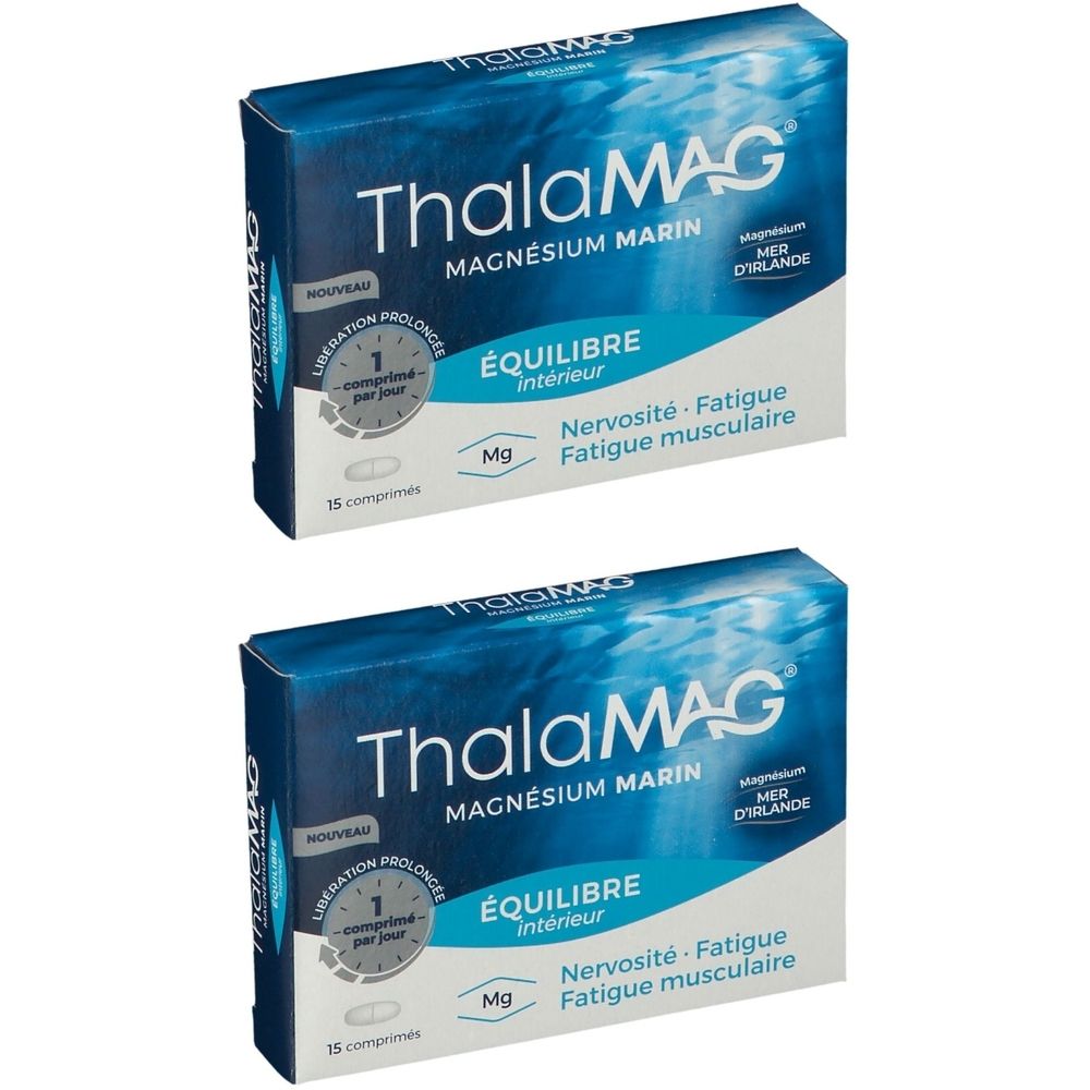 Zwei Schachteln ThalaMAG, Magnesium Marin. Blaue Verpackung mit Produktinformationen und Logo.