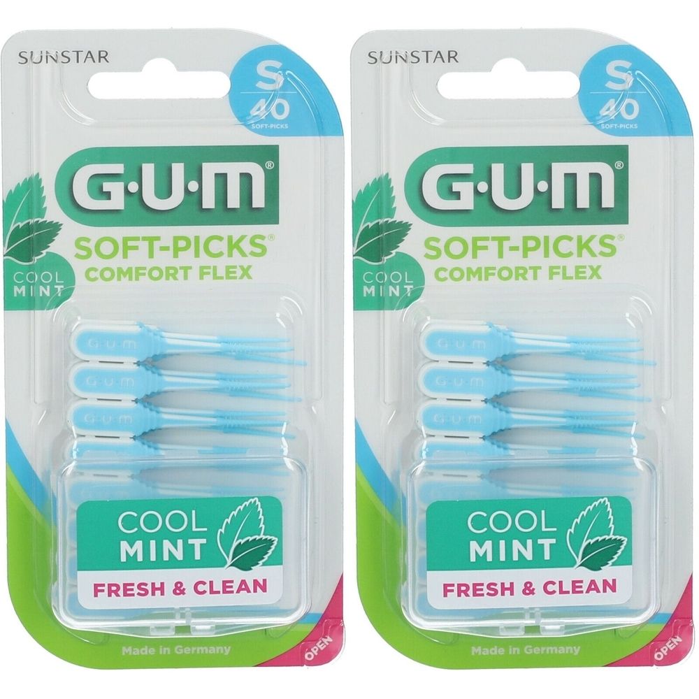Deux paquets de GUM Soft-Picks Comfort Flex. Chaque paquet contient des brossettes interdentaires bleues. Inscription : Cool Mint, Fresh & Clean.