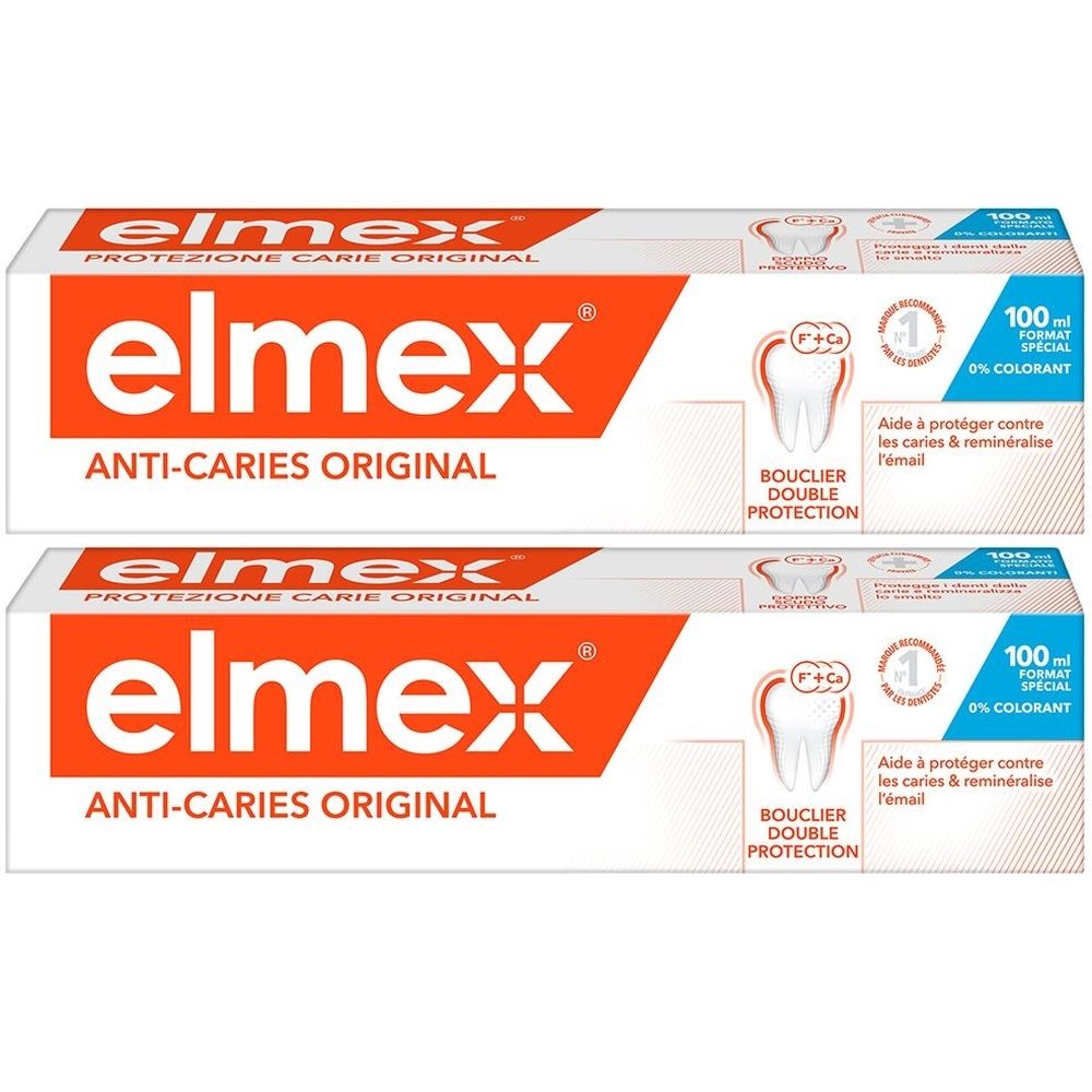 Deux tubes blancs avec texte orange. Inscription: elmex Anti-Caries Original. Symbole de dent et texte.