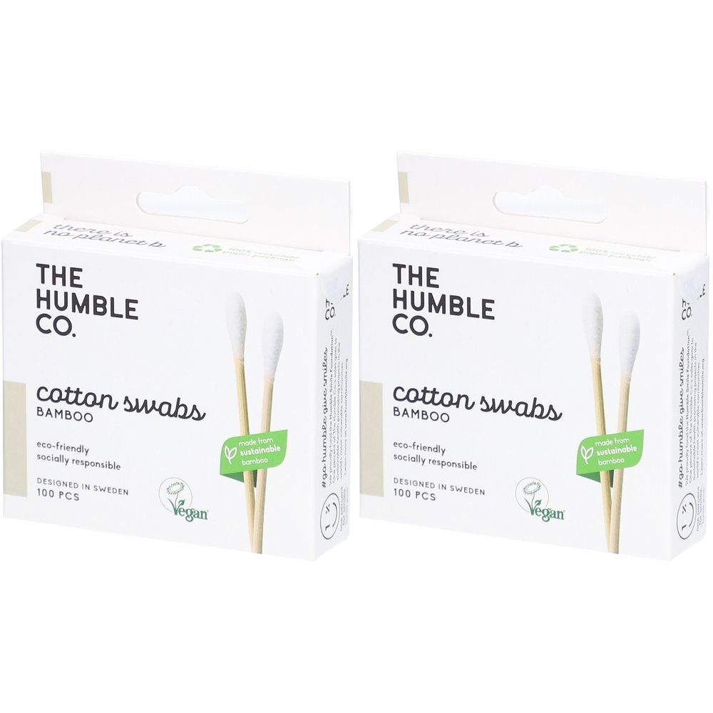 Deux boîtes de cotons-tiges en bambou. Inscription : THE HUMBLE CO., cotton swabs, BAMBOO, vegan. 100 pièces.