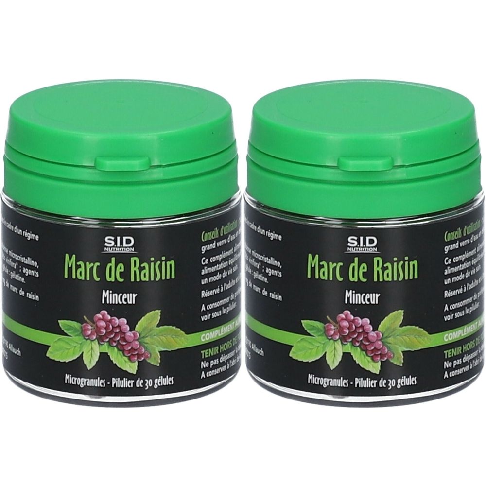 Deux pots verts avec étiquette noire. Inscription: SID Marc de Raisin Minceur. Microgranules, pilulier de 30 gélules.