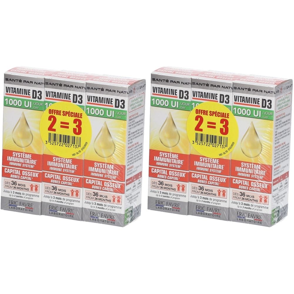 Zwei Packungen Vitamin D3. Aufdrucke: 'VITAMINE D3', '1000 UI', 'OFFRE SPECIALE 2=3', 'SYSTEME IMMUNITAIRE', 'CAPITAL OSSEUX'.