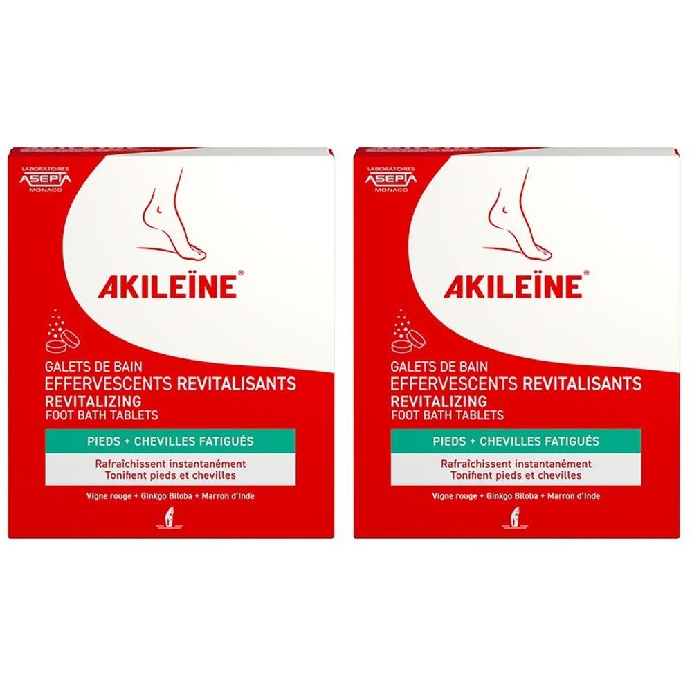 Deux boîtes carrées. Inscription: AKILEÏNE, Galets de Bain, comprimés pour bain de pieds. Fond rouge, texte blanc.