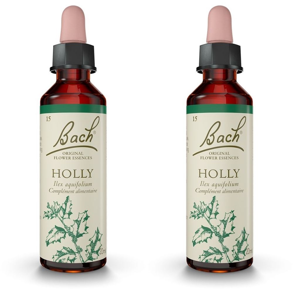 Deux flacons en verre brun avec pipettes. Les étiquettes indiquent "Bach Original Flower Essences Holly".
