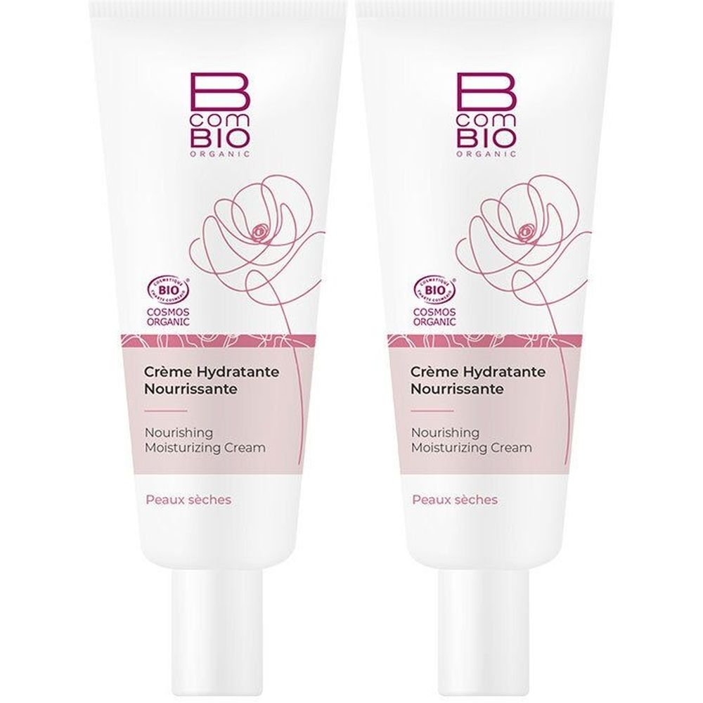 Deux tubes de crème. Inscription: B com BIO ORGANIC, Crème Hydratante Nourrissante, label Cosmos Organic.