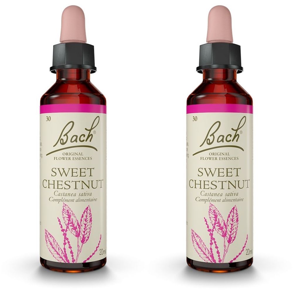 Deux flacons en verre brun avec étiquette rose. Inscription : Bach Original Flower Essences Sweet Chestnut.