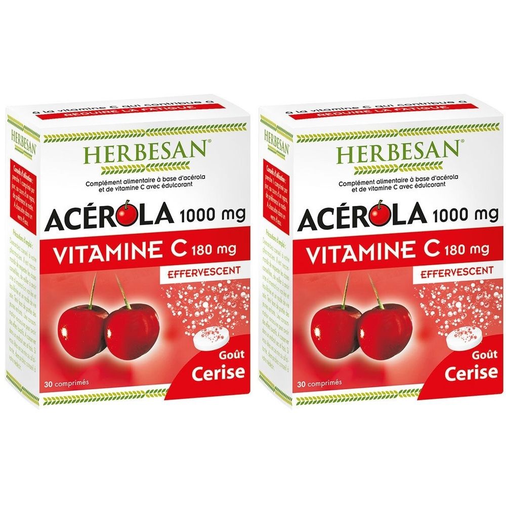Zwei Schachteln HERBESAN ACÉROLA 1000 mg. Aufschrift: Vitamin C 180 mg, Brausetabletten. Kirschgeschmack. 30 Tabletten.