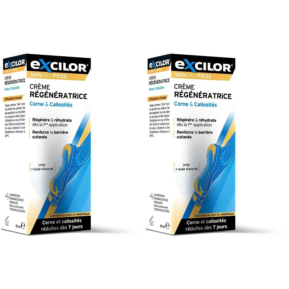 Zwei Kartons mit Produktaufdruck. Aufschrift: Excilor, Crème Régénératrice, für Hornhaut und Schwielen. Blaue und gelbe Akzente.