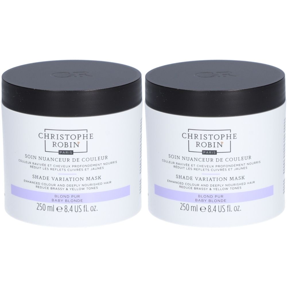 Deux pots ronds avec couvercles noirs. Inscription : CHRISTOPHE ROBIN, SOIN NUANCEUR DE COULEUR, SHADE VARIATION MASK, BLOND PUR BABY BLONDE.