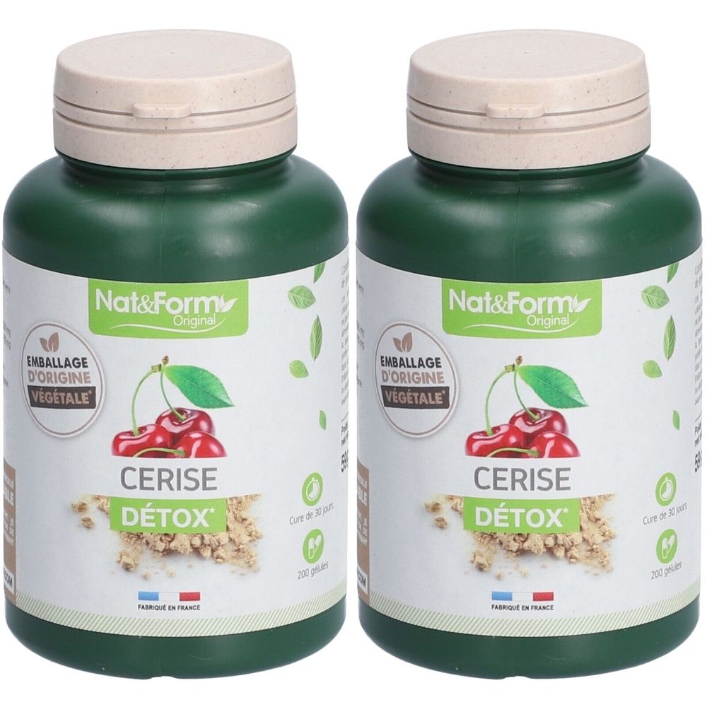 Deux flacons verts avec couvercles beiges. Inscription: Nat&Form Original, CERISE DÉTOX. Emballage d'origine végétale. Fabriqué en France.