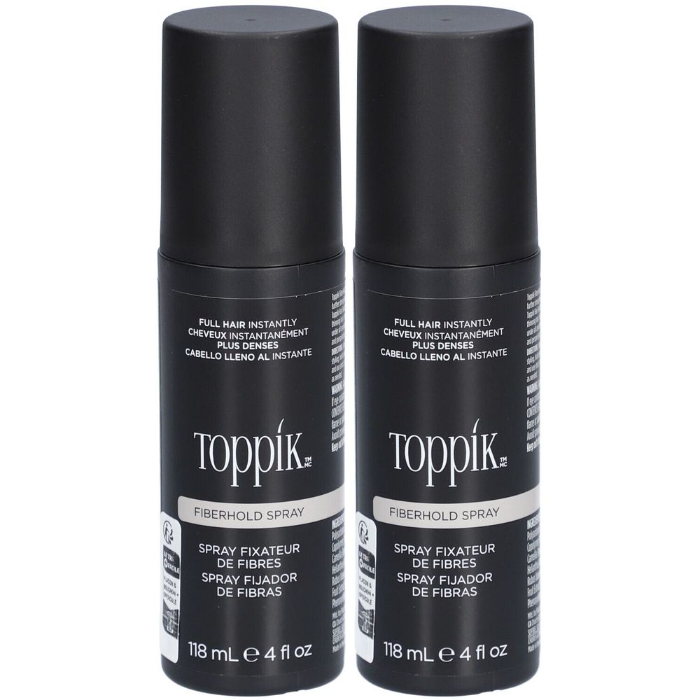 Zwei schwarze Sprühflaschen mit dem Aufdruck "Toppik Fiberhold Spray". Text in Englisch, Französisch und Spanisch. 118 ml.