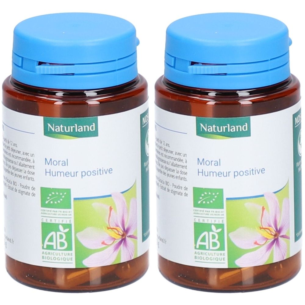Deux flacons bruns avec des bouchons bleus. Les étiquettes indiquent "Naturland", "Moral Humeur positive" et un label bio.
