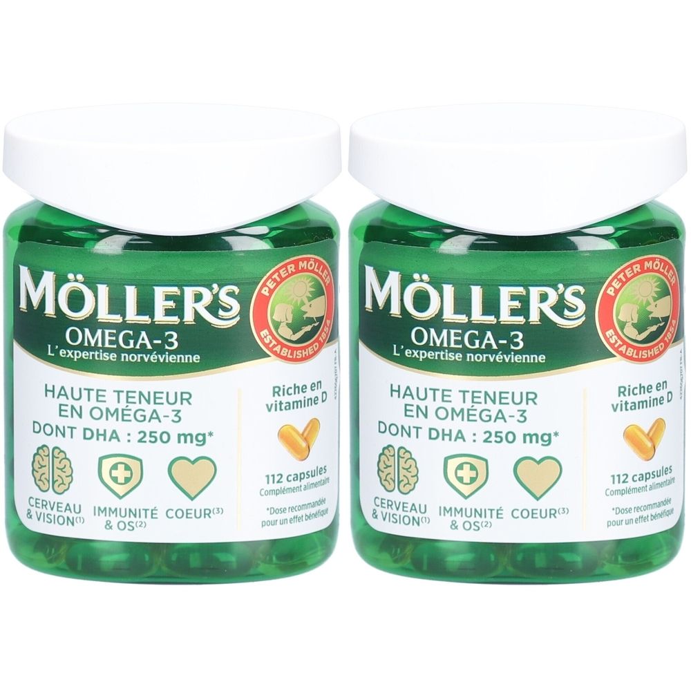 Deux flacons verts Möller's Omega-3. Inscription : Haute teneur en oméga-3, DHA 250 mg, 112 capsules. Avec vitamine D.
