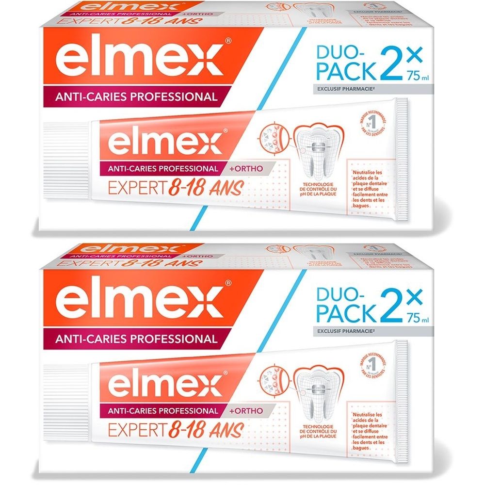 Deux tubes de dentifrice dans un emballage. Inscription: elmex, Anti-Caries Professional, Expert 8-18 ans. Duo-Pack.