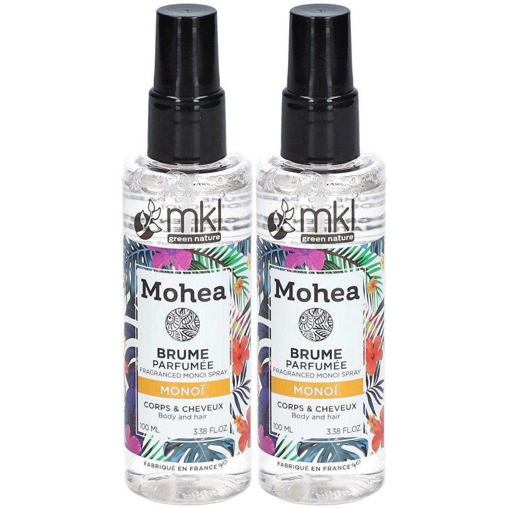 Zwei Sprays mit schwarzem Sprühkopf. Aufschrift: Mohea, Brume Parfumée, Monoï, Corps & Cheveux. 100 ml.