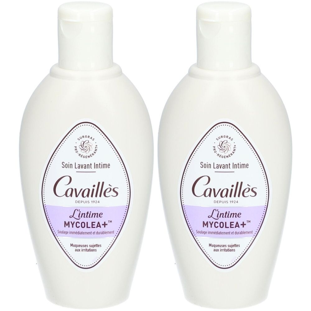 Zwei weiße Flaschen mit weißem Deckel. Auf jeder Flasche steht "Cavaillès Lintime MYCOLEA+".