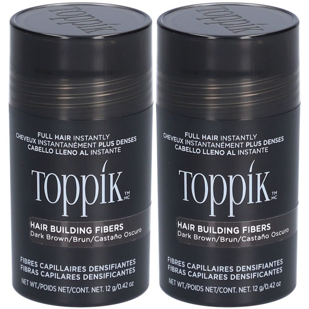 Zwei zylindrische Behälter mit dunklen Haarfasern. Aufschrift: Toppik, Hair Building Fibers, Dark Brown/Brun/Castaño Oscuro.