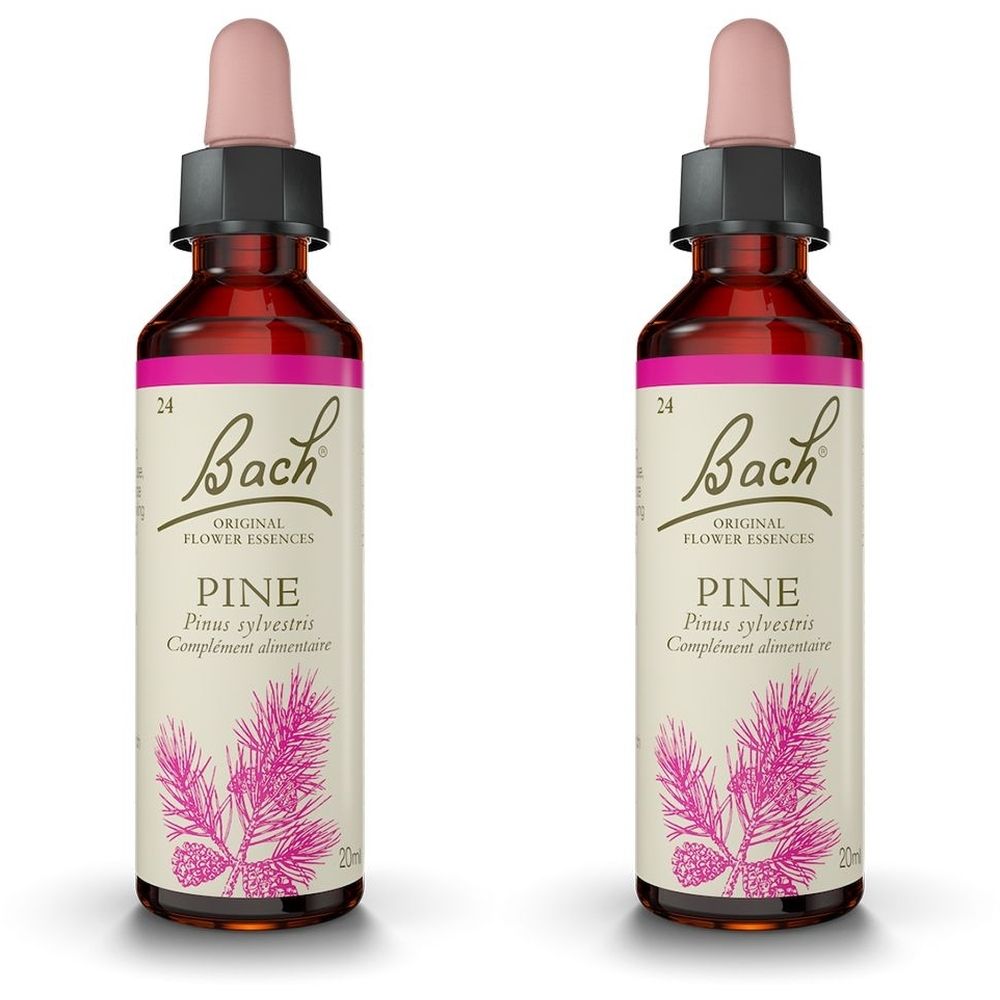 Zwei braune Glasflaschen mit rosa Pipetten. Auf den Etiketten steht "Bach Original Flower Essences Pine".