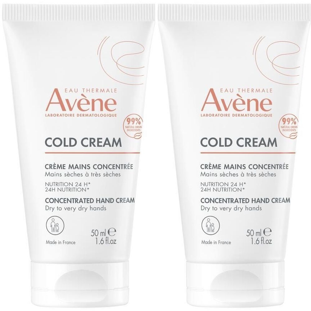 Zwei Tuben Handcreme. Aufschrift: Avène, Cold Cream, Crème Mains Concentrée. 50 ml.