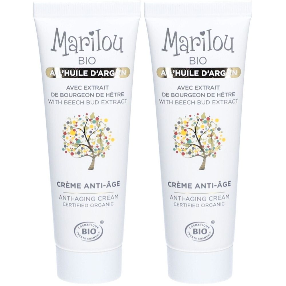 Deux tubes de crème Marilou Bio. Inscription: Crème Anti-Âge, à l'huile d'Argan et extrait de bourgeon de hêtre. Certifié biologique.