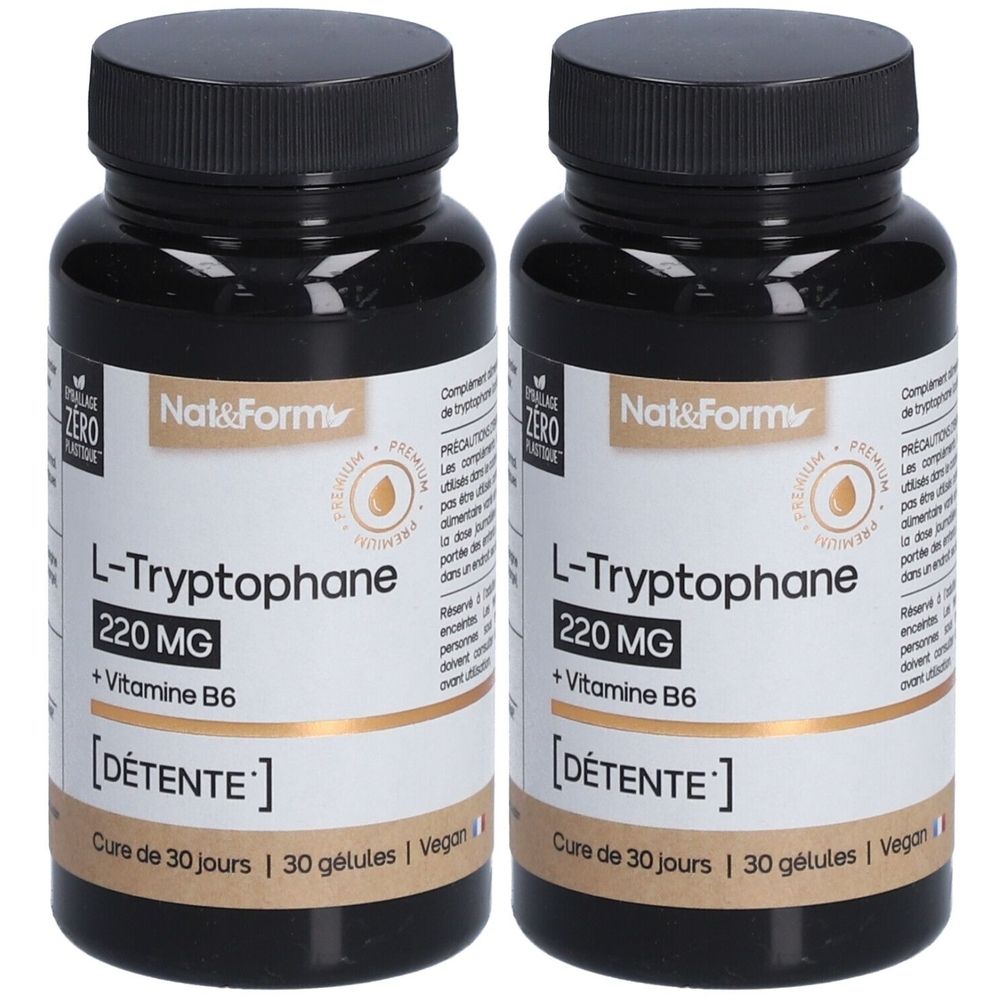 Deux flacons noirs de gélules L-Tryptophane. Inscription : Nat&Form, L-Tryptophane 220 MG + Vitamine B6, [DÉTENTE]. Cure 30 jours, 30 gélules, vegan.