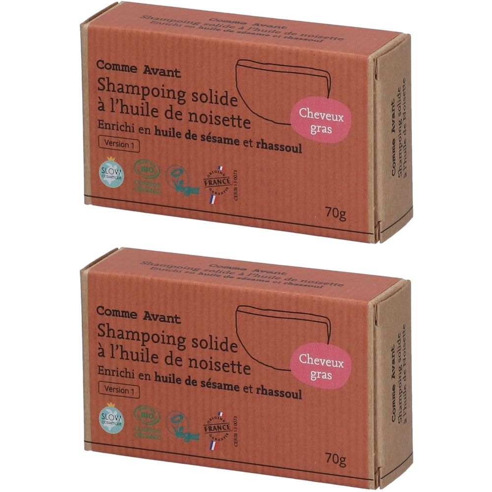 Deux boîtes de shampoing solide. Inscription : Comme Avant, Shampoing solide à l'huile de noisette. Pour cheveux gras.