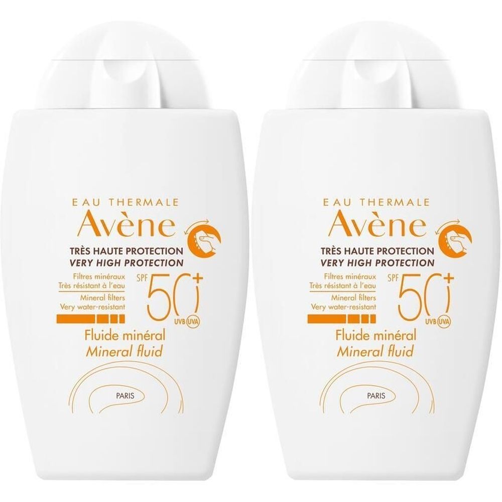Deux flacons blancs avec bouchon blanc. Inscription: Avène, Très haute protection, SPF 50+. Fluide minéral.