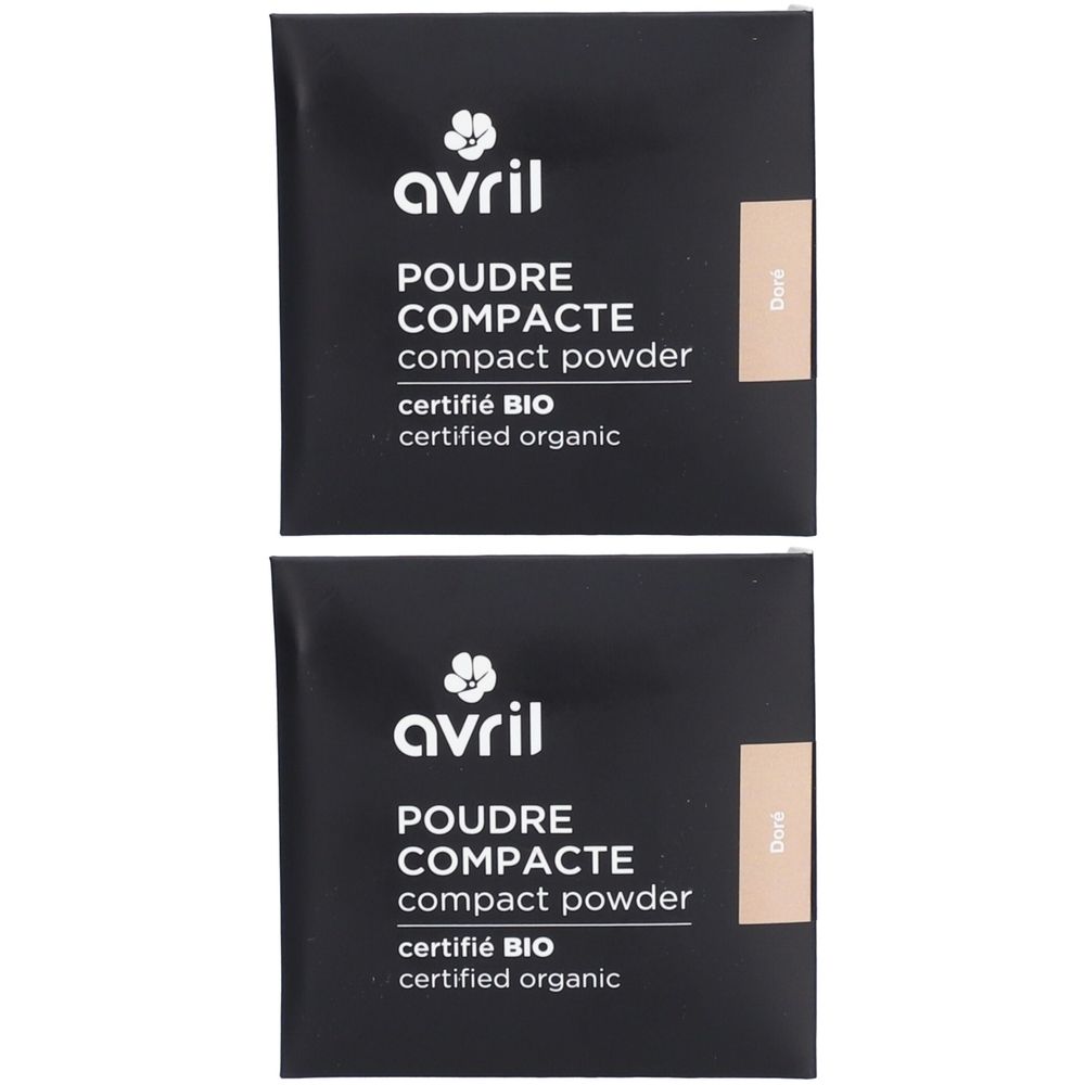 Zwei schwarze Puder-Nachfüllpackungen mit der Aufschrift "avril POUDRE COMPACTE compact powder certifié BIO".