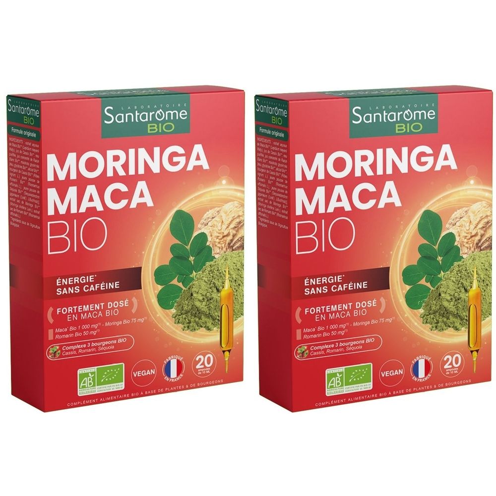 Deux boîtes rouges SANTAROME MORINGA MACA BIO. Inscriptions: MORINGA MACA BIO, ENERGIE SANS CAFEINE, VEGAN, 20.