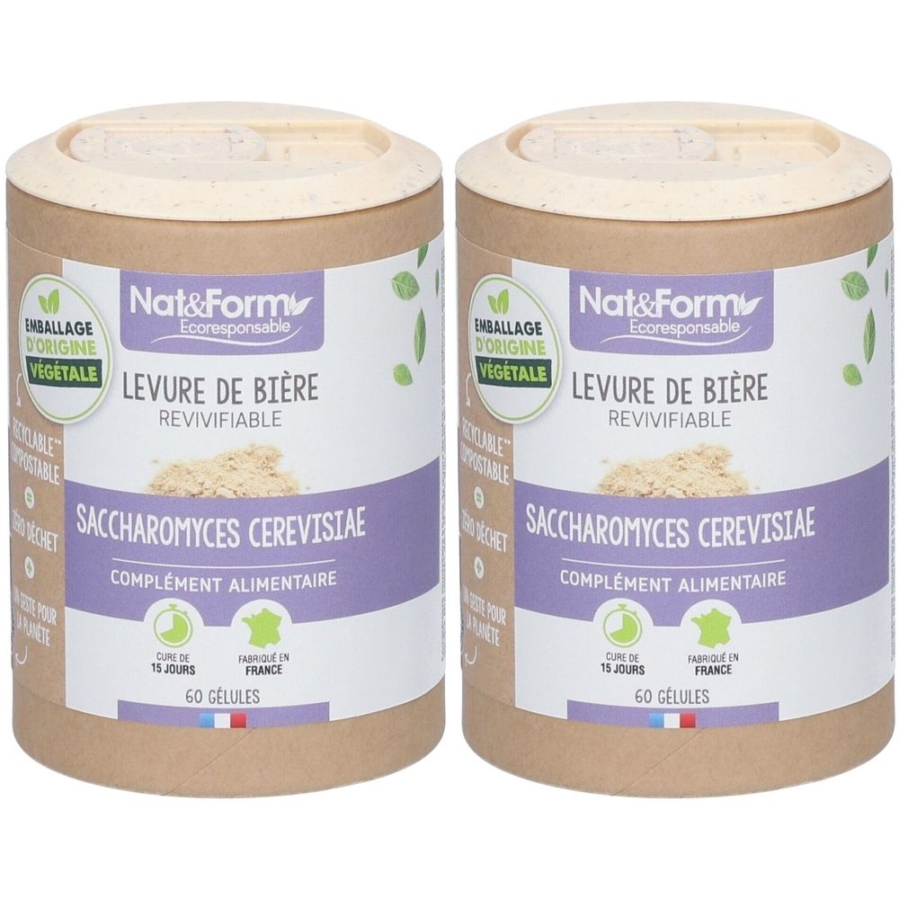 Deux boîtes cylindriques. Inscription: Nat&Form Levure de bière revivifiable Bio en gélules. Logo vert et texte.