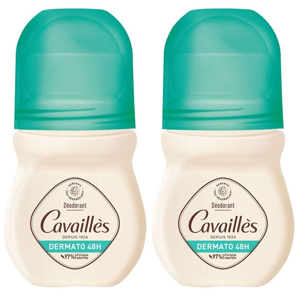 Zwei Roll-on-Deodorants mit grünen Kappen. Auf den cremefarbenen Flaschen steht "Cavaillès DERMATO 48H".