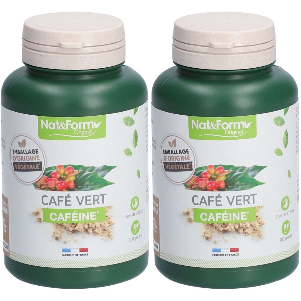 Deux flacons verts avec couvercles beiges. Inscription: CAFÉ VERT, CAFÉINE. Marque: Nat&Form. Emballage d'origine végétale. Fabriqué en France.