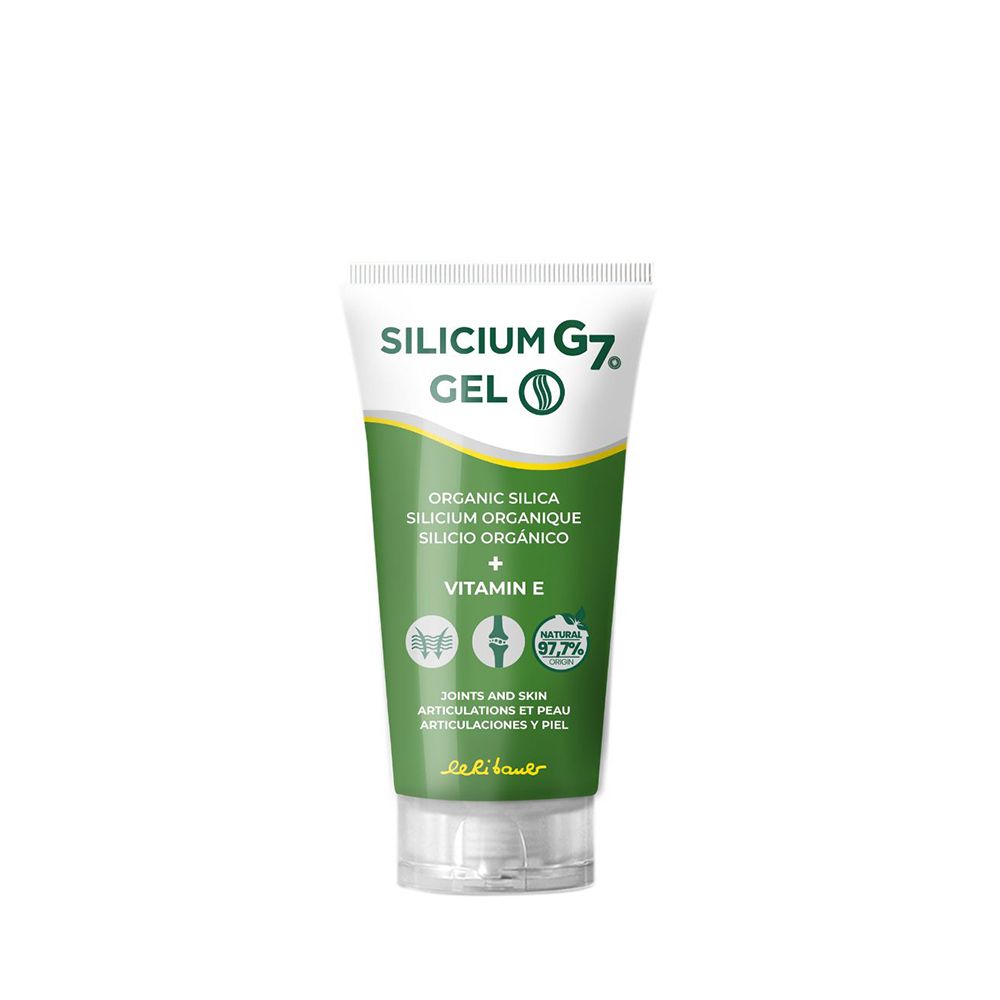 Tube Silicium G7 Gel. Grün-weißes Design. Enthält organisches Silizium und Vitamin E. Aufschrift: Joints and skin.