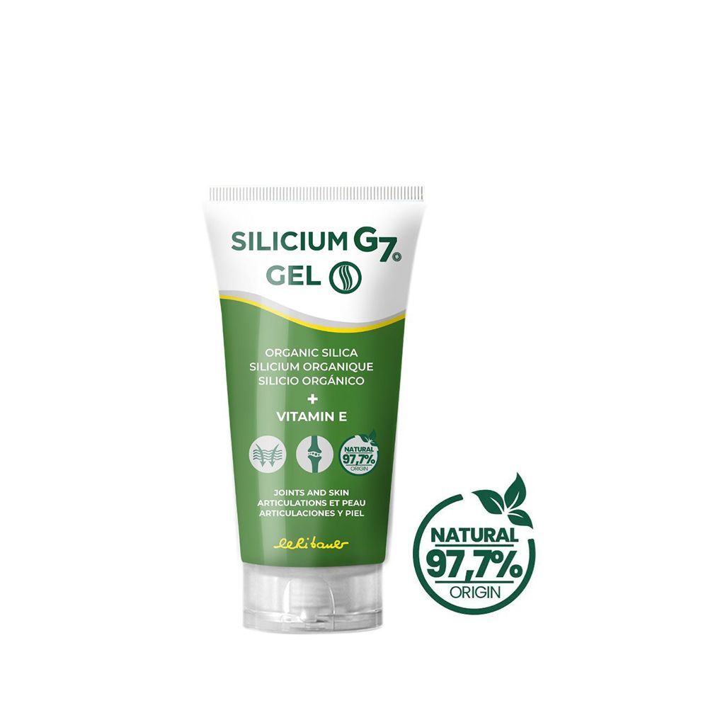 Tube Silicium G7 Gel. Grün-weißes Design. Enthält organisches Silizium und Vitamin E. Mit Logo 'Natural 97,7% Origin'.