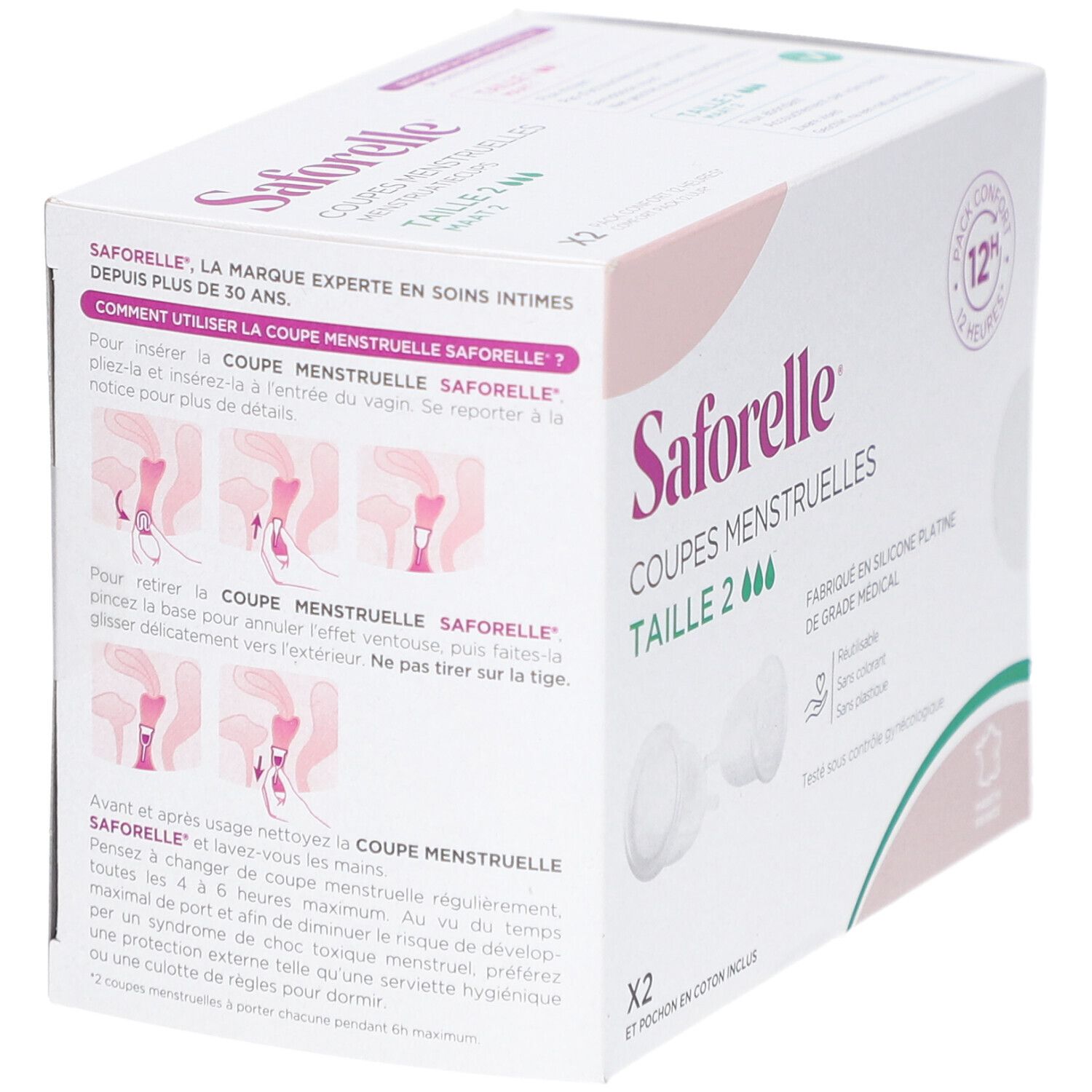 Boîte de SAFORELLE COUPES MENSTRUELLES, taille 2. Contient deux coupes menstruelles. Informations produit et illustrations.
