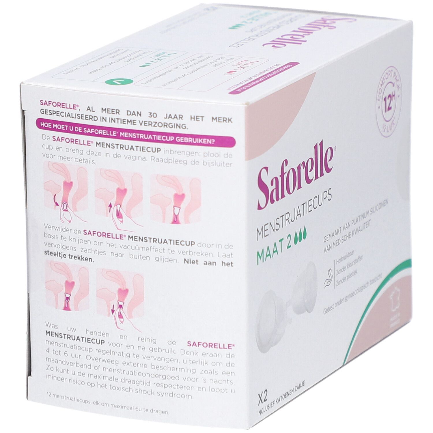 Boîte de SAFORELLE MENSTRUATIECUPS, taille 2. Contient deux coupes menstruelles. Informations produit et illustrations.