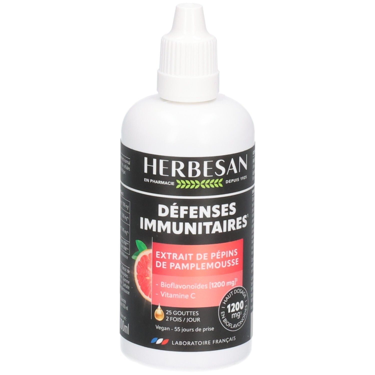 Weiße Flasche mit Herbesan-Etikett. Aufschrift: Défenses Immunitaires, Extrait de Pépins de Pamplemousse, Bioflavonoïdes 1200 mg, Vitamin C.