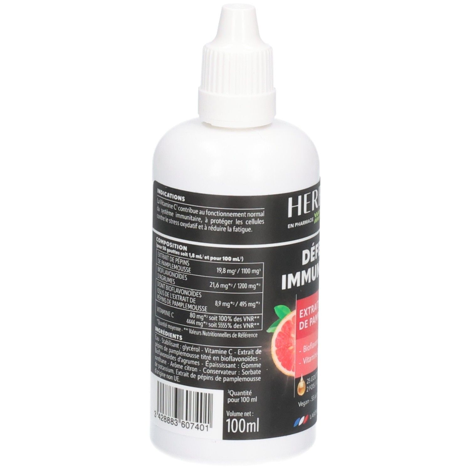 Weiße Flasche mit Herbesan-Etikett. Enthält Informationen zu Inhaltsstoffen und Dosierung. Volumen: 100 ml.