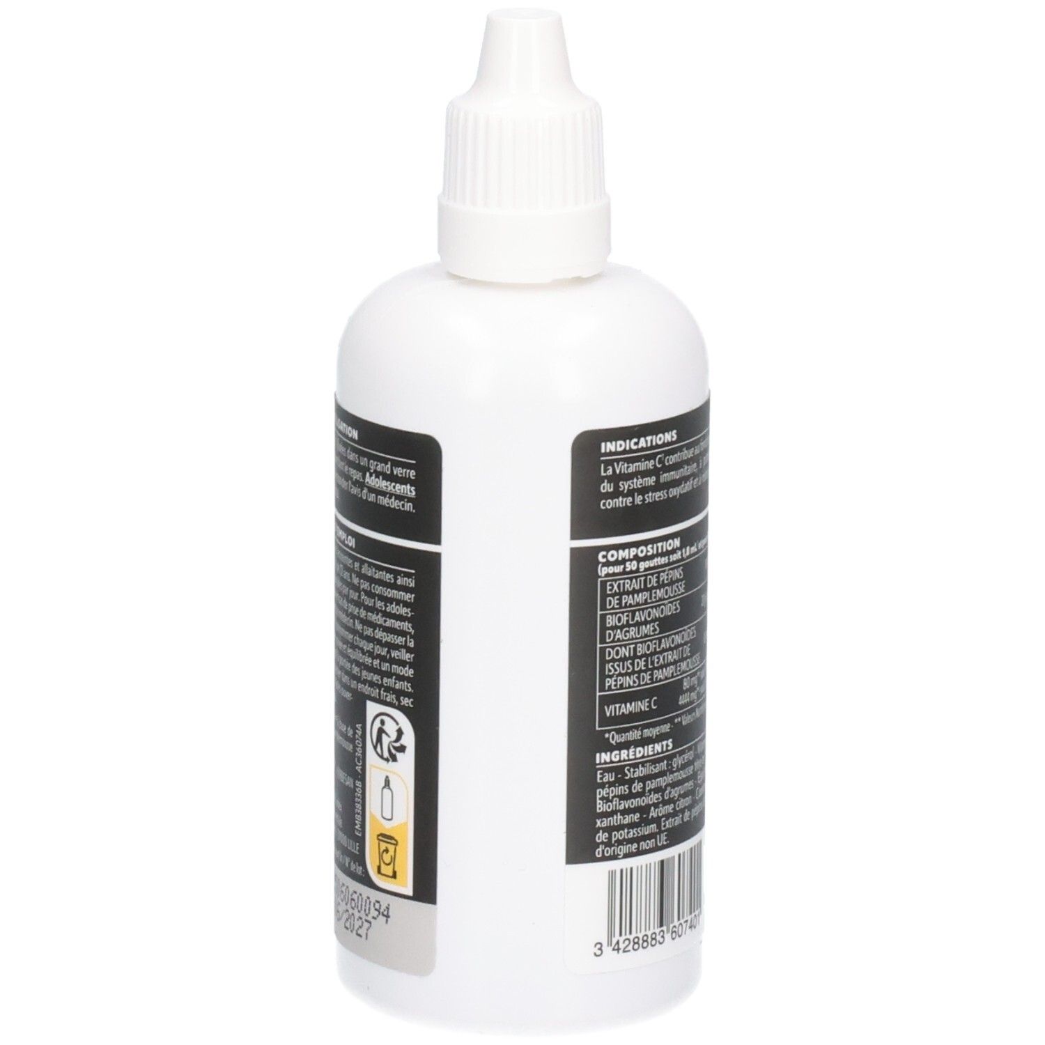 Weiße Flasche mit Herbesan-Etikett. Rückseite mit Informationen zu Inhaltsstoffen und Gebrauchsanweisung.