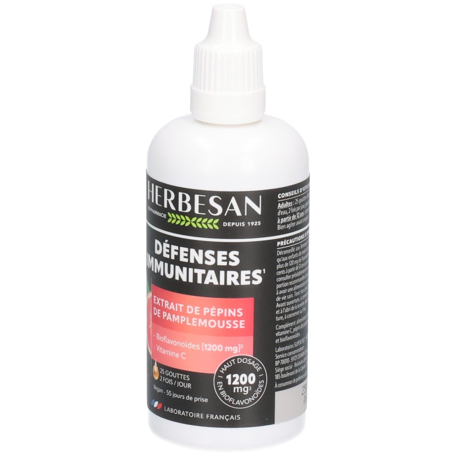 Weiße Flasche Herbesan. Aufschrift: Défenses Immunitaires, Extrait de Pépins de Pamplemousse, Bioflavonoïdes 1200 mg, Vitamin C.