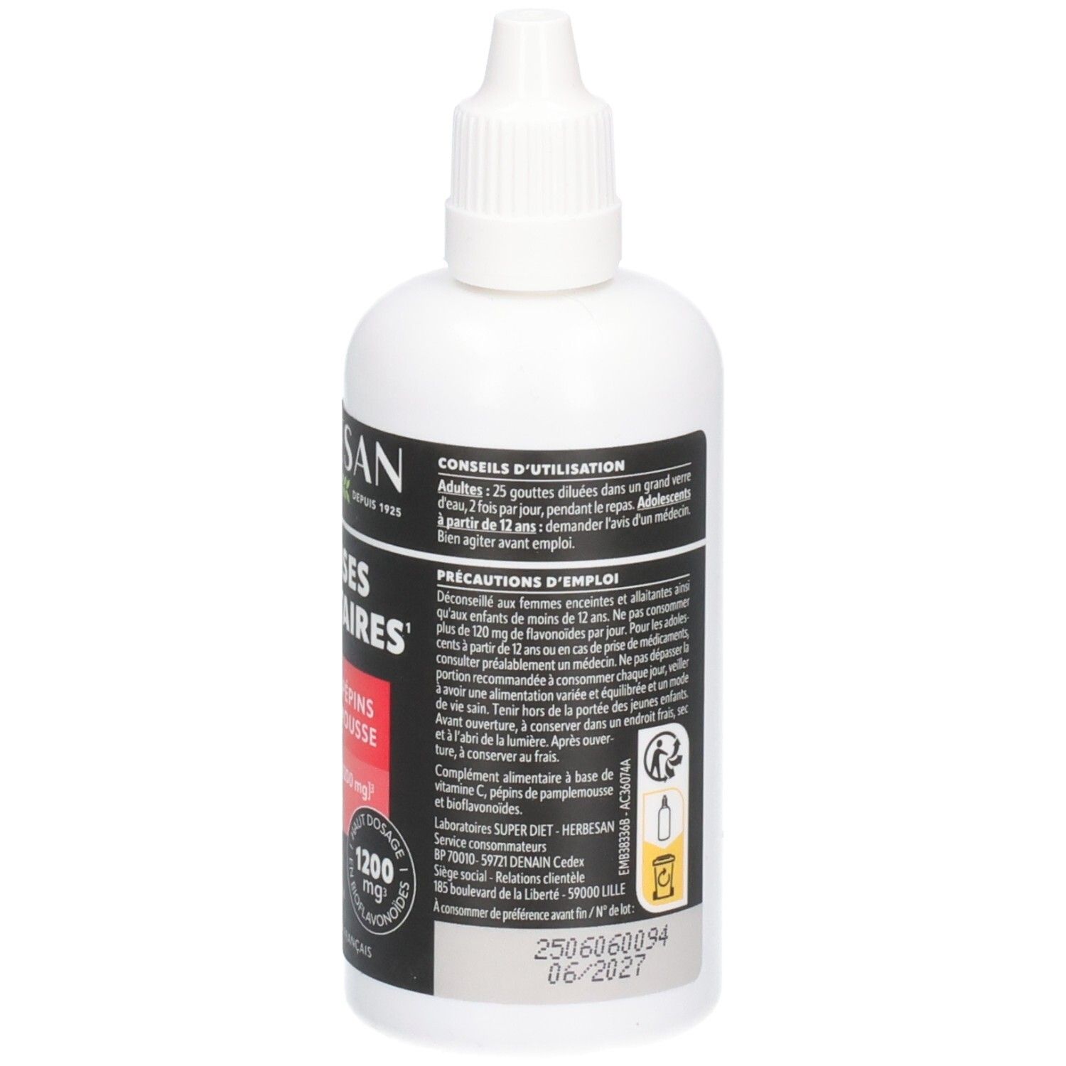 Weiße Flasche Herbesan. Aufschrift: Défenses Immunitaires, Extrait de Pépins de Pamplemousse, Bioflavonoïdes 1200 mg, Vitamin C. Gebrauchsanweisung.