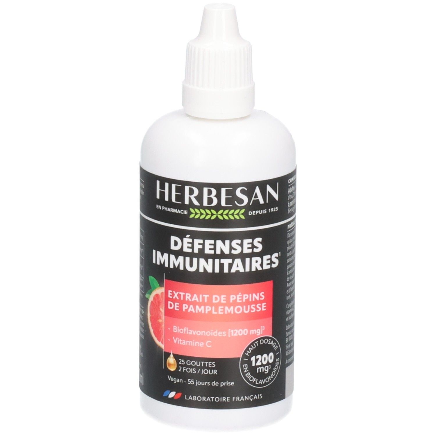 Weiße Flasche Herbesan. Aufschrift: Défenses Immunitaires, Extrait de Pépins de Pamplemousse, Bioflavonoïdes 1200 mg, Vitamin C. 100 ml.