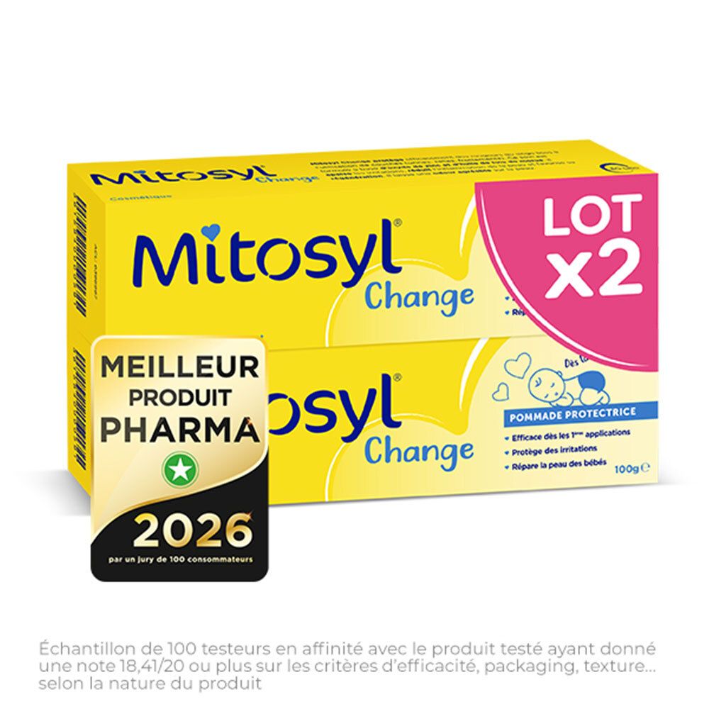 Deux boîtes jaunes "Mitosyl Change". Inscription "LOT X2".