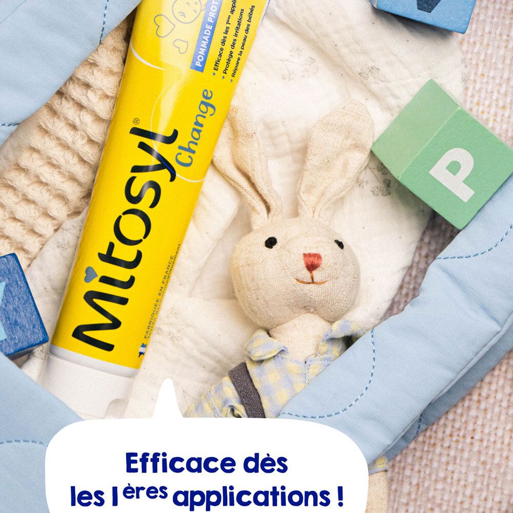 Tube jaune "Mitosyl Change" près de jouets. Texte: "Efficace dès les 1ères applications!"