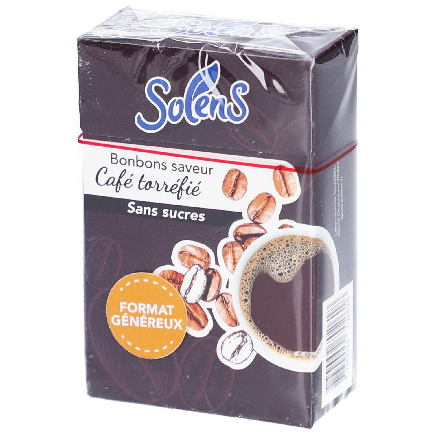 Verpackung von Solens Café sans sucres. Aufdruck: Bonbons saveur Café torréfié, Sans sucres. Abbildung von Kaffeebohnen und Tasse Kaffee.