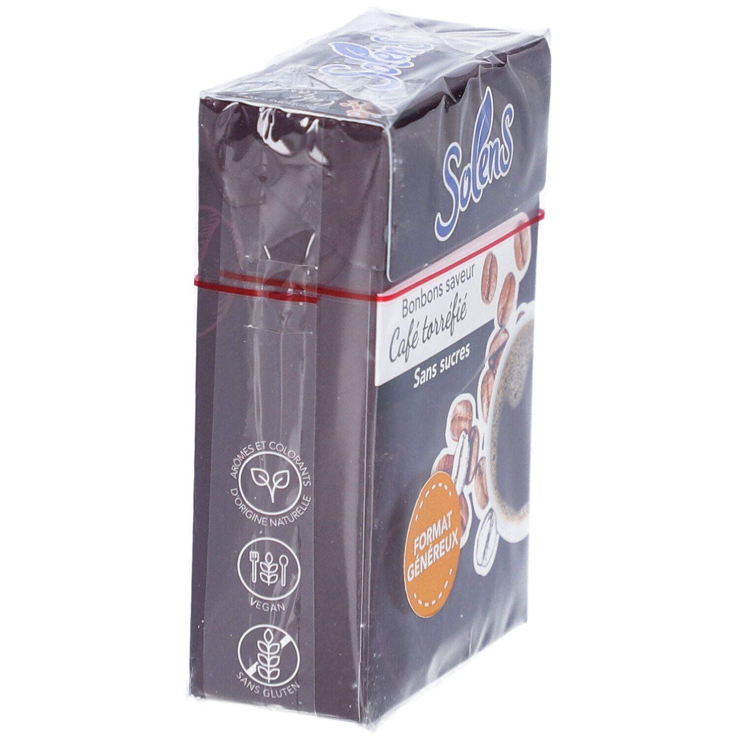Verpackung von Solens Café sans sucres. Aufdruck: Bonbons saveur Café torréfié, Sans sucres. Logo: Vegan, ohne Gluten. Verpackt in Folie.